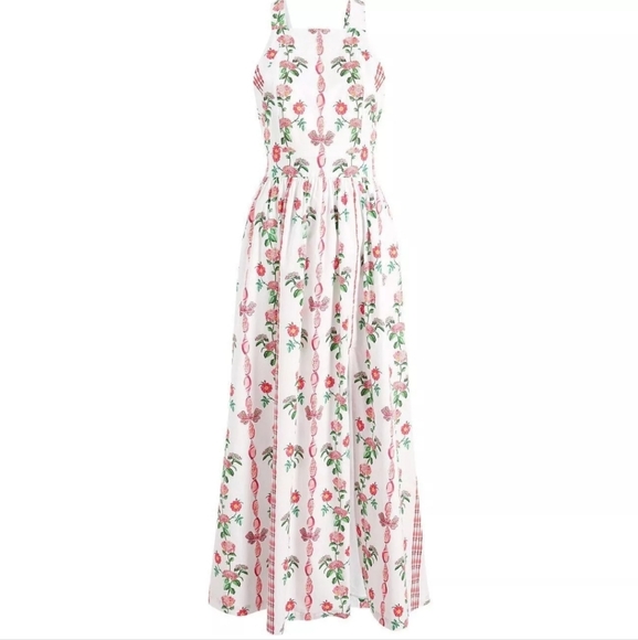 Hill House Addie Dress Red Shell Vine Stripe Cotton Sateen M Apron NWT - Picture 6 of 15